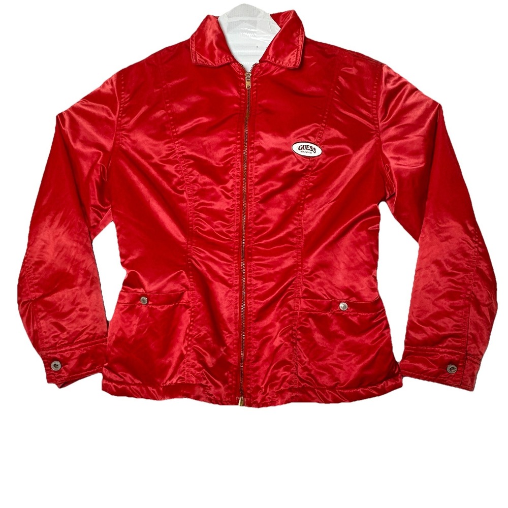 Guess Jeans USA VTG Red Satin Jacket Woman Sz M Y2K Silky Lined Waist‎ Tapered